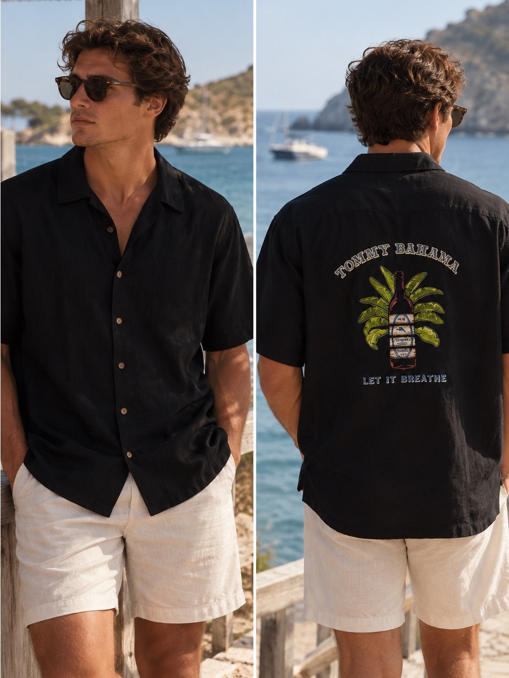 Tommy Bahama Camp Shirt Let It Breathe Drink Embroidered Silk Black Mens Large